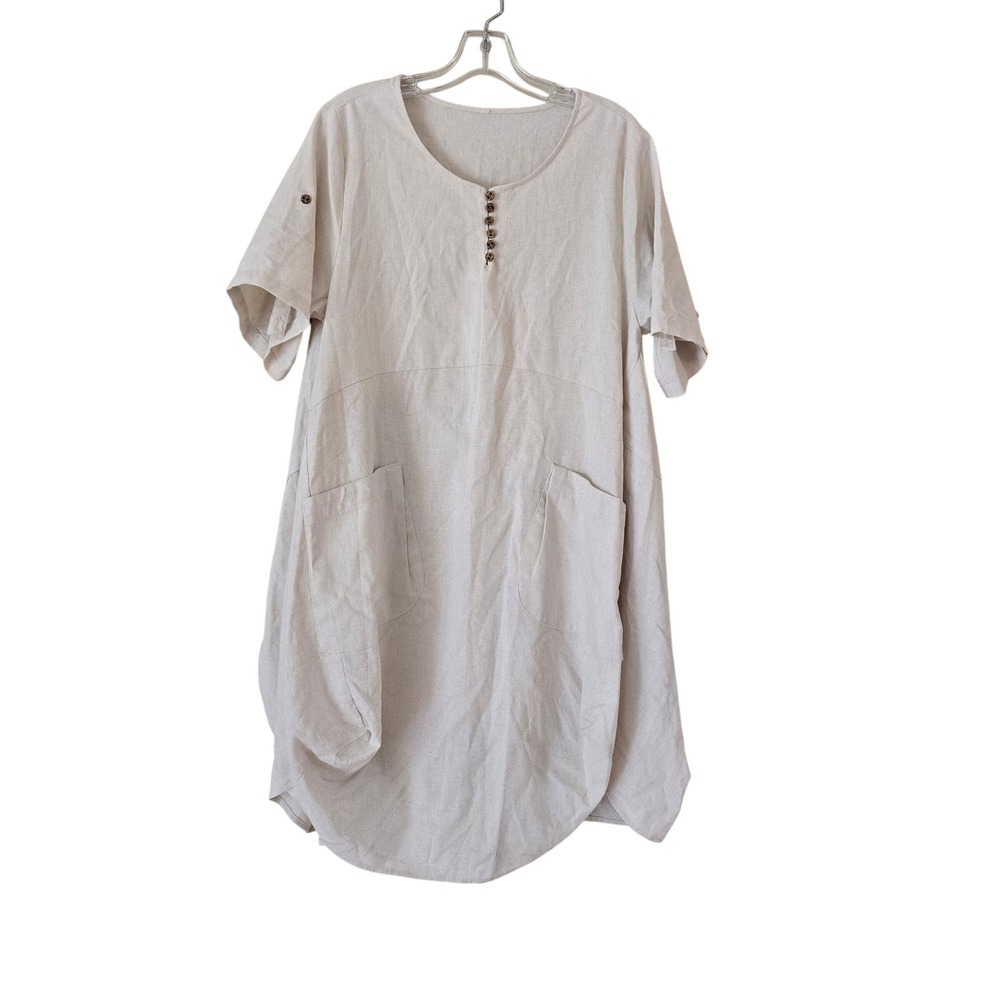 Linen Blend Oversized Tunic Dress Beige Floral Button Front Pockets Short Sleeve